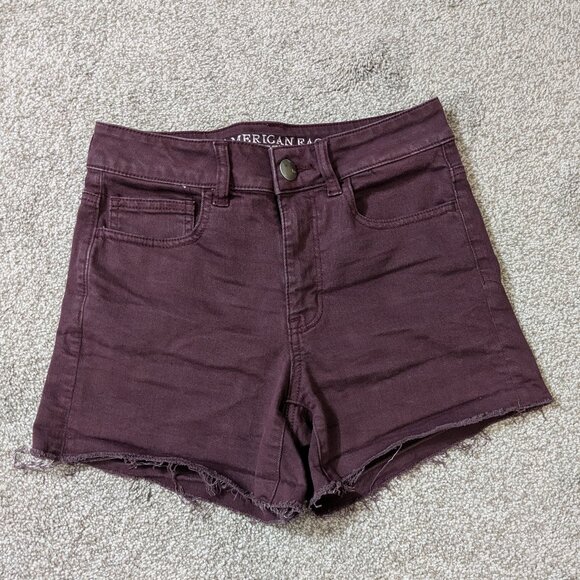 AMERICAN EAGLE Super Stretch Hi-Rise Shortie, Burgundy Denim Shorts; Size 2 - Picture 1 of 4